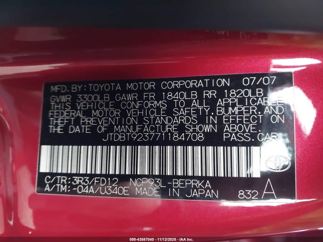 Aukcja sprzedaży 2007 Toyota Yaris, vin: JTDBT923771184708, numer aukcji: 43587040