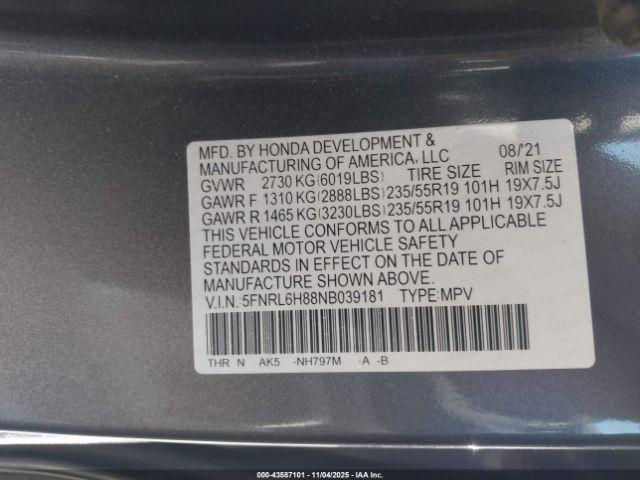 2022 HONDA ODYSSEY 5FNRL6H88NB039181 Photo 8