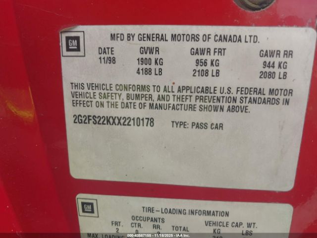 1999 PONTIAC FIREBIRD 2G2FS22KXX2210178 Photo 8