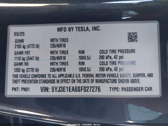 2025 TESLA MODEL 3 5YJ3E1EA6SF027276 Photo 8