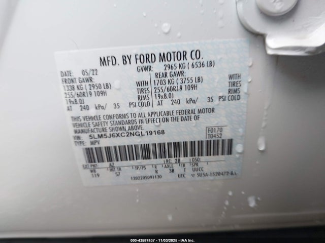 43587437 :رقم المزاد ، 5LM5J6XC2NGL19168 vin ، 2022 Lincoln Aviator Standard مزاد بيع