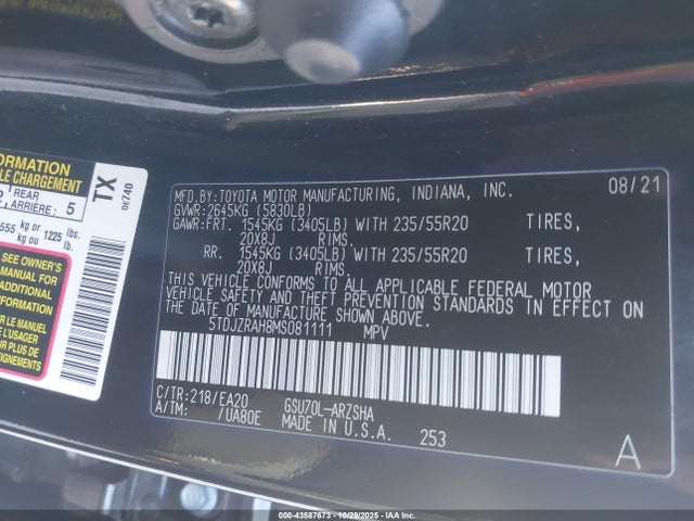 Toyota 2gr-fks 2021 5TDJZRAH8MS081111 Image 9