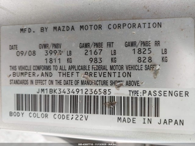 43587715 :رقم المزاد ، JM1BK343491236585 vin ، 2009 Mazda Mazda3 S Touring مزاد بيع