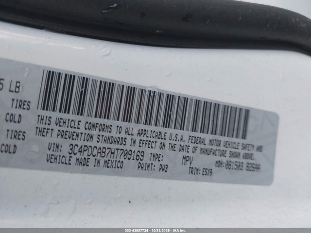 43587734 :رقم المزاد ، 3C4PDCAB7HT709169 vin ، 2017 Dodge Journey Se مزاد بيع