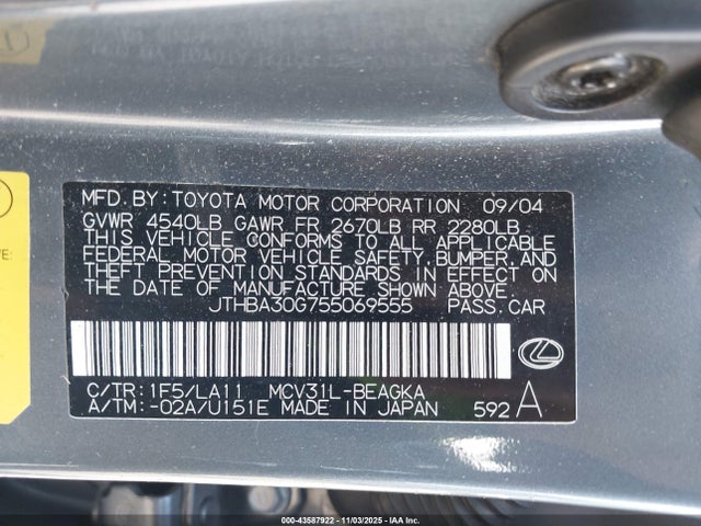 43587922 :رقم المزاد ، JTHBA30G755069555 vin ، 2005 Lexus Es 330 مزاد بيع
