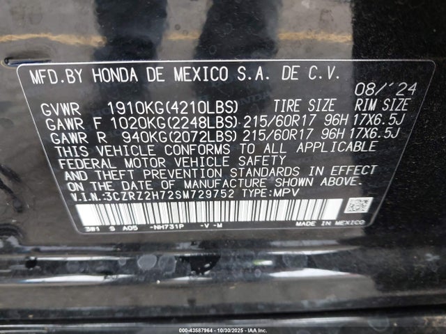 3CZRZ2H72SM729752 Honda Hr-v Awd Ex-l