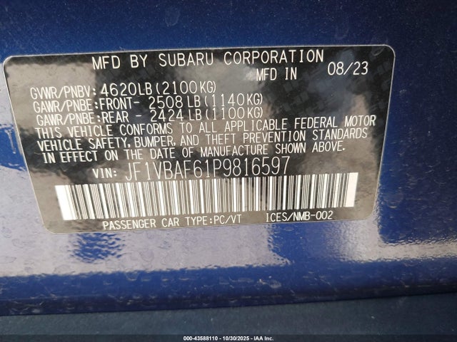 Aukcja sprzedaży 2023 Subaru Wrx Premium, vin: JF1VBAF61P9816597, numer aukcji: 43588110