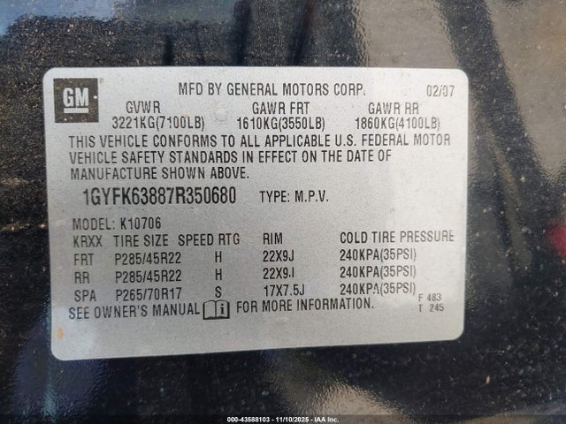 2007 CADILLAC ESCALADE 1GYFK63887R350680 Photo 8