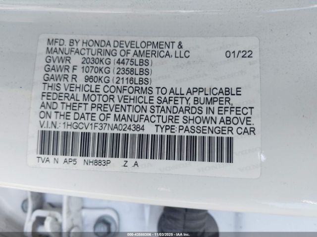 2022 HONDA ACCORD 1HGCV1F37NA024384 Photo 8