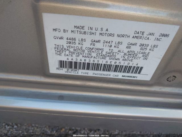 2006 MITSUBISHI GALANT 4A3AB36S16E051914 Photo 8
