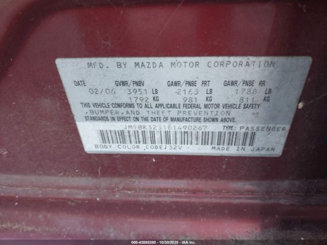 2006 MAZDA MAZDA3 JM1BK323161490267 Photo 8