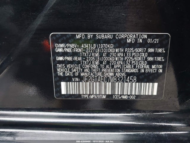 Aukcja sprzedaży 2021 Subaru Crosstrek Premium, vin: JF2GTAEC7M8321458, numer aukcji: 43588488