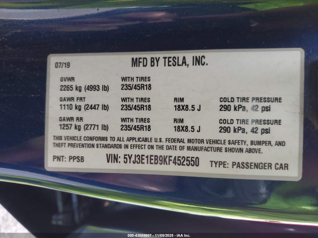 2019 TESLA MODEL 3 5YJ3E1EB9KF452550 Photo 8