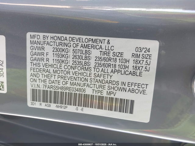 7FARS5H89RE034806 Honda Cr-v Hybrid Sport-l