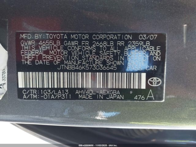 2007 TOYOTA CAMRY HYBRID JTNBB46K573036645 Photo 8