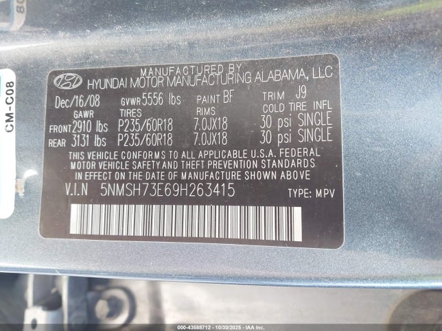 2009 HYUNDAI SANTA FE 5NMSH73E69H263415 Photo 8