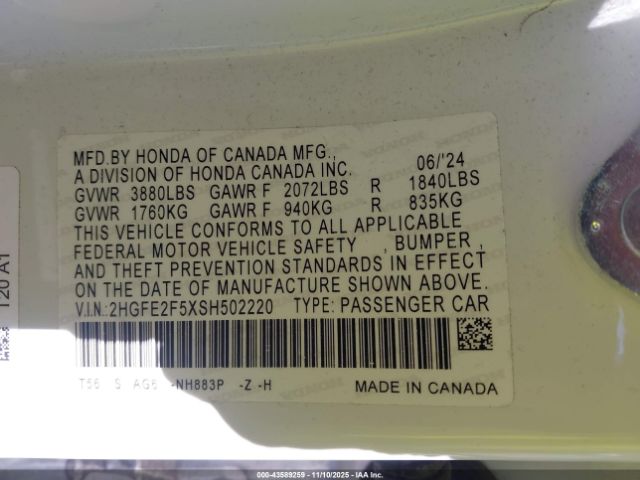 2025 HONDA CIVIC 2HGFE2F5XSH502220 Photo 8