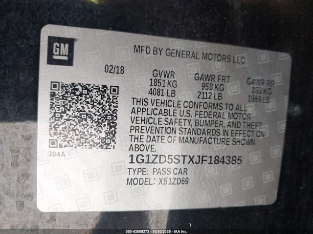 Aukcja sprzedaży 2018 Chevrolet Malibu Lt, vin: 1G1ZD5STXJF184385, numer aukcji: 43589273