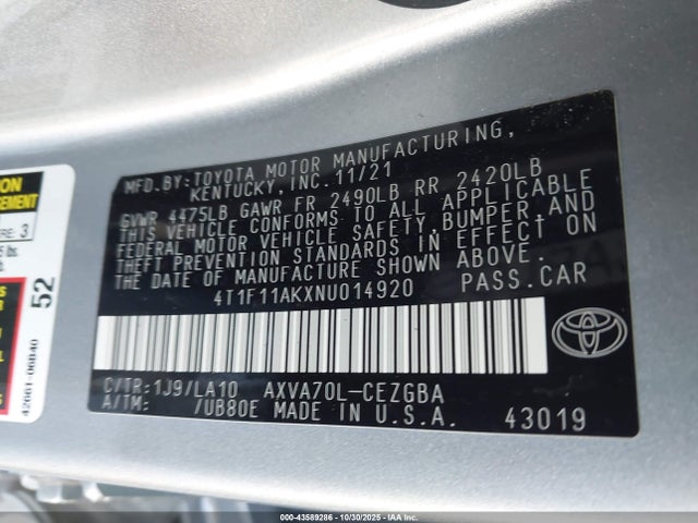 Toyota CAMRY XLE 2022 4T1F11AKXNU014920 Image 9