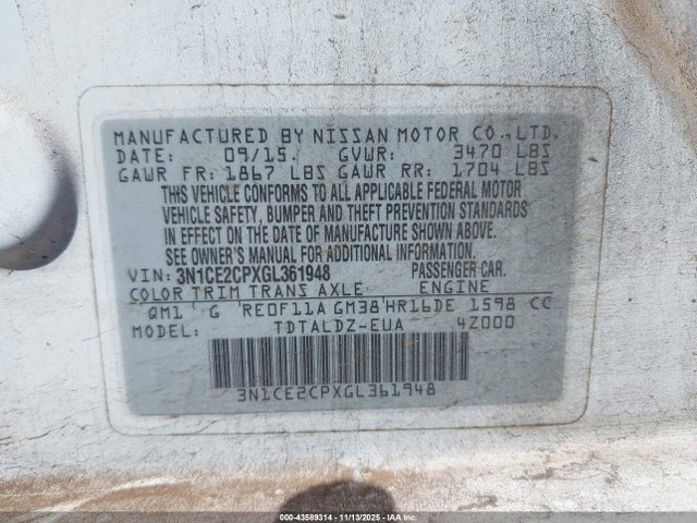43589314 :رقم المزاد ، 3N1CE2CPXGL361948 vin ، 2016 Nissan Versa Note S (sr)/s Plus/sl/sr/sv مزاد بيع