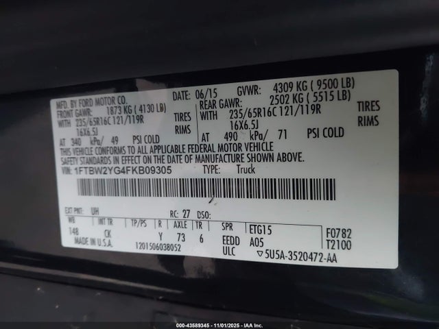 43589345 :رقم المزاد ، 1FTBW2YG4FKB09305 vin ، 2015 Ford Transit-350 مزاد بيع