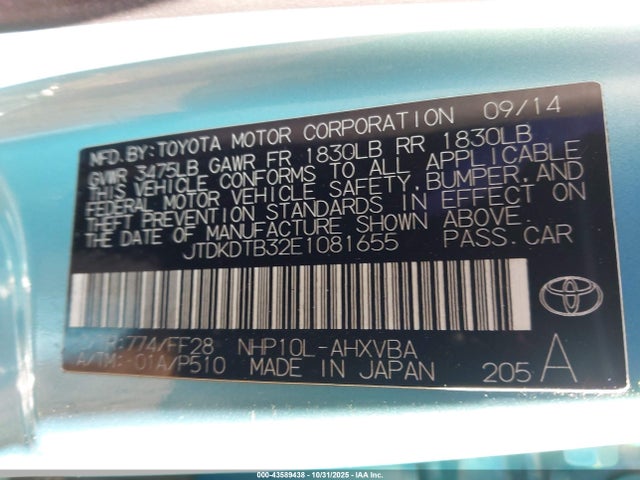 Toyota Prius C Two 2014 JTDKDTB32E1081655 Image 9