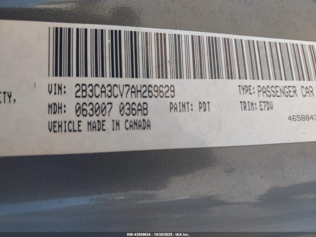 43589634 :رقم المزاد ، 2B3CA3CV7AH269629 vin ، 2010 Dodge Charger Sxt مزاد بيع