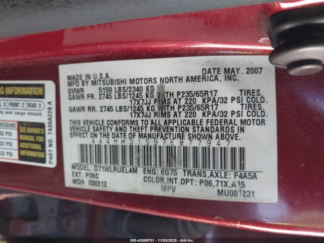 2007 MITSUBISHI ENDEAVOR 4A4MM31S97E077947 Photo 8