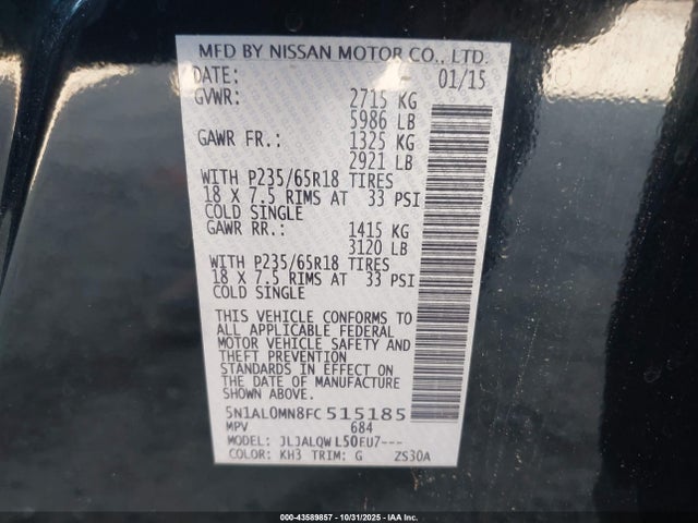 Aukcja sprzedaży 2015 Infiniti Qx60, vin: 5N1AL0MN8FC515185, numer aukcji: 43589857