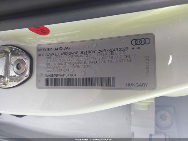 Продаж на аукціоні авто 2017 Audi S3 2.0t Premium Plus, vin: WAUB1GFF5H1071854, номер лоту: 43589887