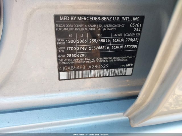 2001 MERCEDES-BENZ ML 320 4JGAB54E81A280629 Photo 8