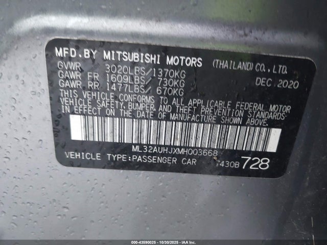 43590025 :رقم المزاد ، ML32AUHJXMH003668 vin ، 2021 Mitsubishi Mirage مزاد بيع