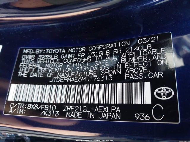 2021 TOYOTA COROLLA JTDEPMAE6MJ176313 Photo 8