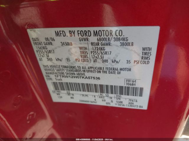 2007 FORD F-150 1FTRW12W07KA57536 Photo 8