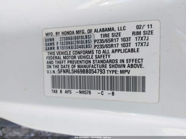 2011 HONDA ODYSSEY 5FNRL5H69BB054793 Photo 8