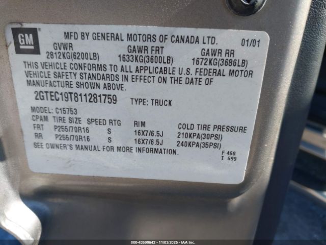 2001 GMC SIERRA 1500 2GTEC19T811281759 Photo 8