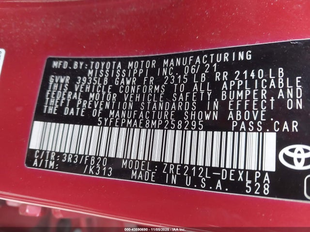 2021 TOYOTA COROLLA 5YFEPMAE8MP258295 Photo 8