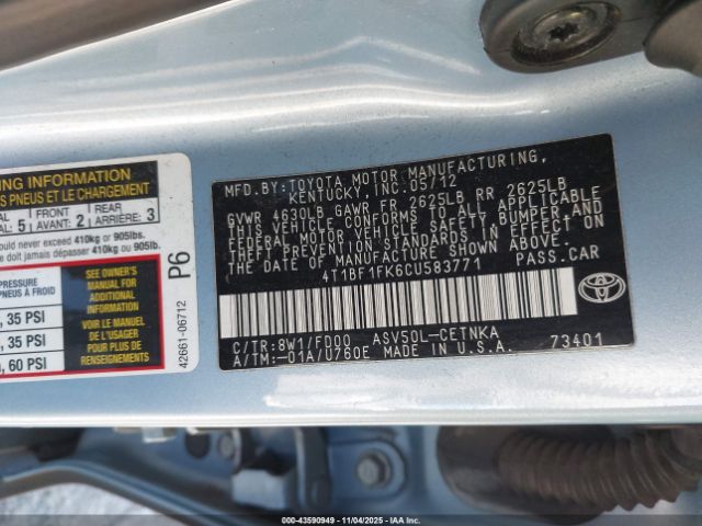 2012 TOYOTA CAMRY 4T1BF1FK6CU583771 Photo 8