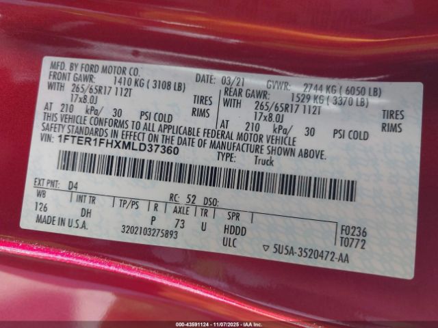 2021 FORD RANGER 1FTER1FHXMLD37360 Photo 8