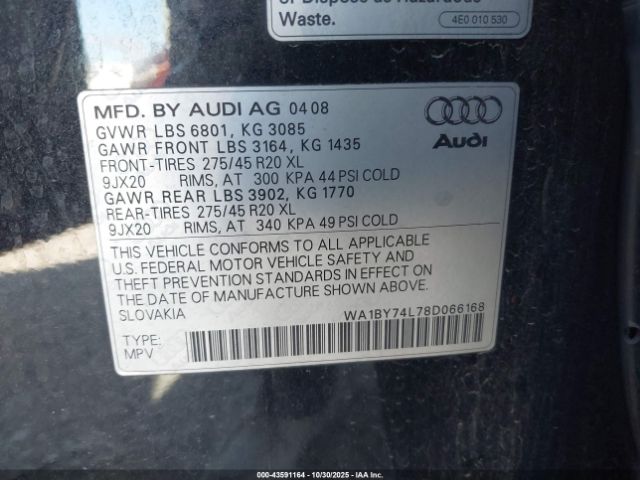 2008 AUDI Q7 WA1BY74L78D066168 Photo 8