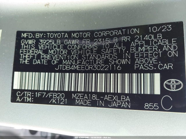 JTDB4MEE0R3022116 Toyota COROLLA LE