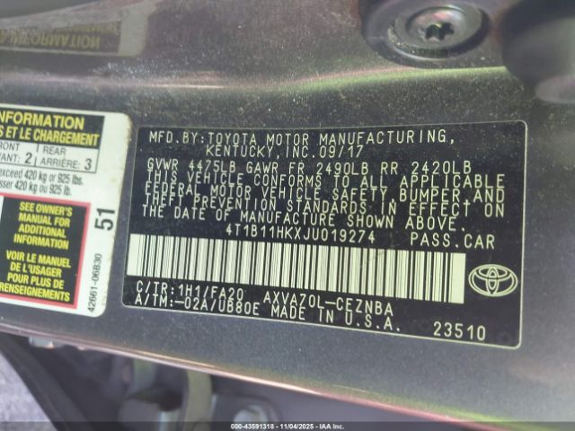 2018 TOYOTA CAMRY 4T1B11HKXJU019274 Photo 8
