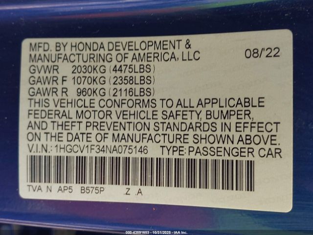 2022 HONDA ACCORD 1HGCV1F34NA075146 Photo 8