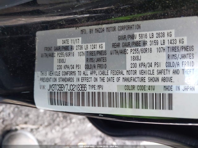 43591692 :رقم المزاد ، JM3TCBBY7J0218366 vin ، 2018 Mazda Cx-9 Sport مزاد بيع