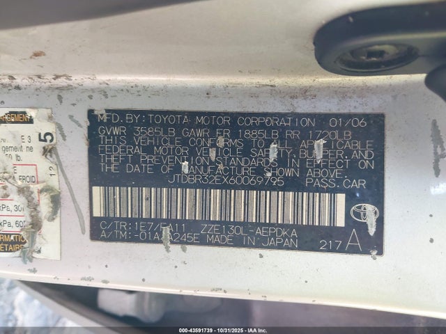 43591739 :رقم المزاد ، JTDBR32EX60069795 vin ، 2006 Toyota Corolla Ce مزاد بيع