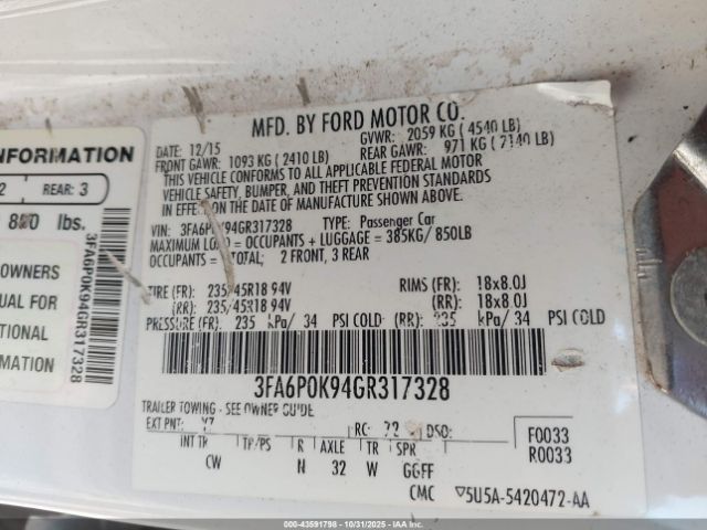 2016 FORD FUSION 3FA6P0K94GR317328 Photo 8