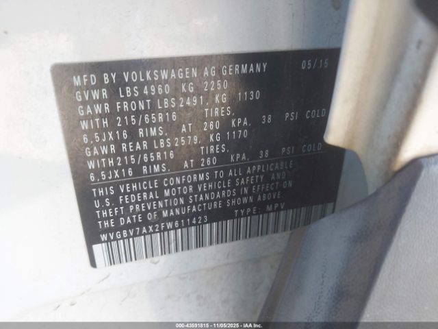 2015 VOLKSWAGEN TIGUAN WVGBV7AX2FW611423 Photo 8