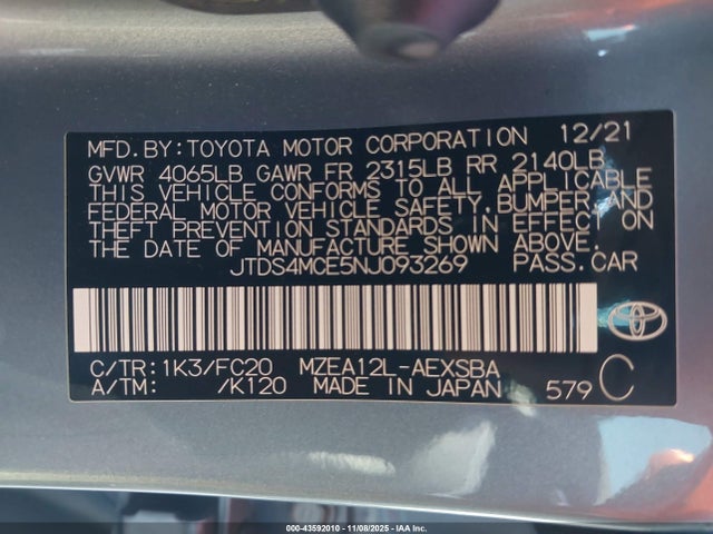 Aukcja sprzedaży 2022 Toyota Corolla Se, vin: JTDS4MCE5NJ093269, numer aukcji: 43592010