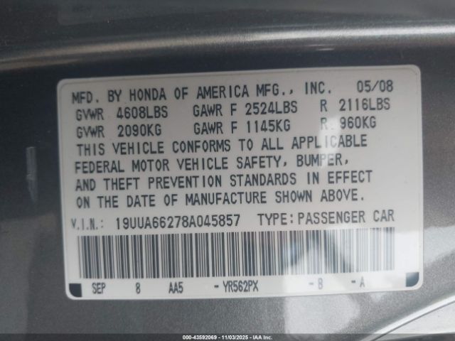 2008 ACURA TL 19UUA66278A045857 Photo 8