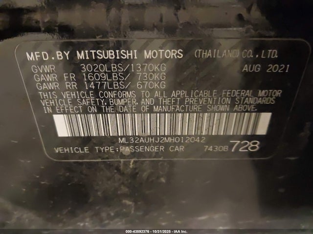 Aukcja sprzedaży 2021 Mitsubishi Mirage Carbonite Edition/es/le, vin: ML32AUHJ2MH012042, numer aukcji: 43592376